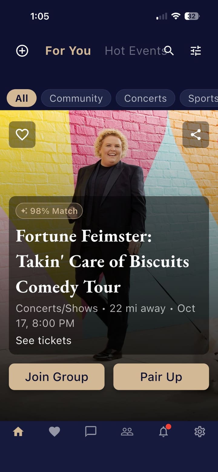 Pre:Fix For You feed showing a comedy tour event card with a 98% match, and Join Group and Pair Up buttons.