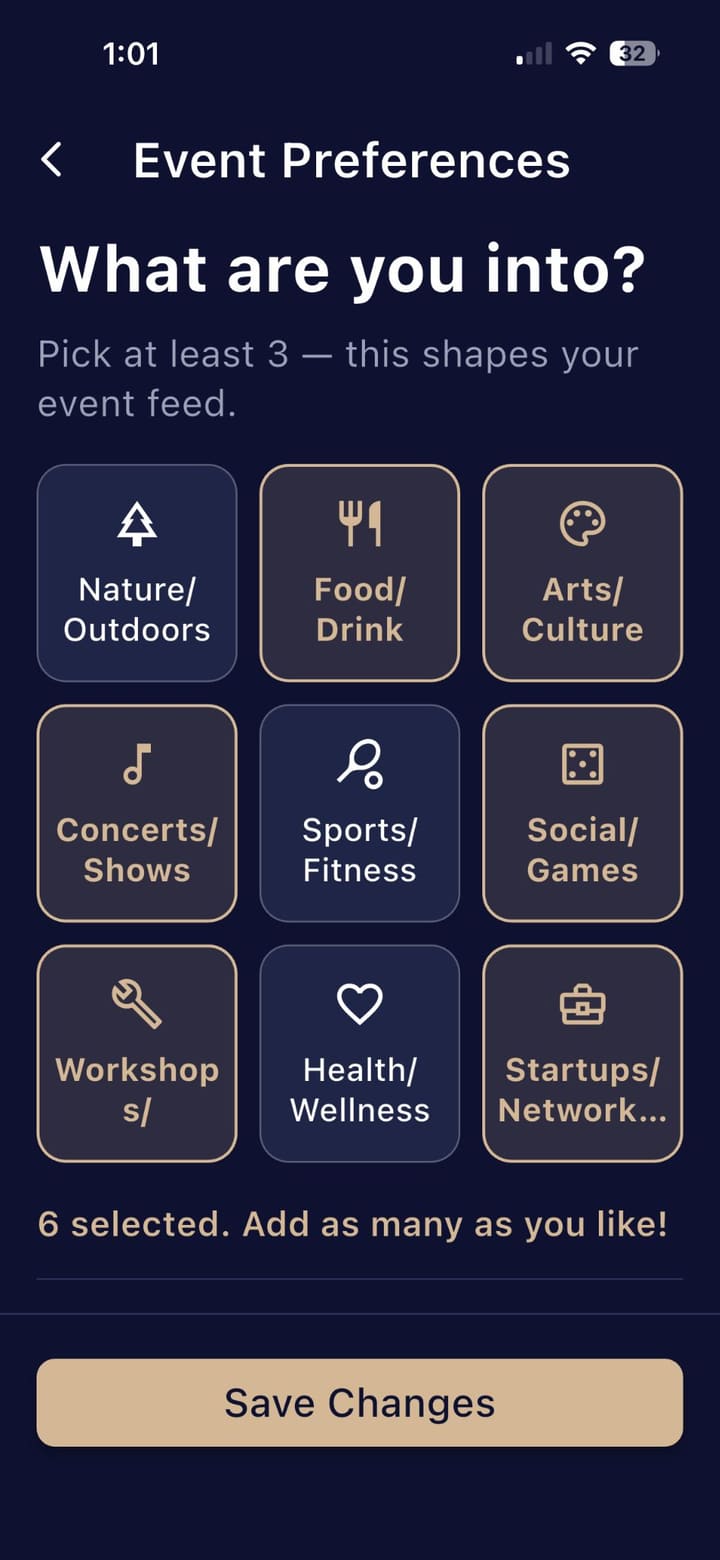 Pre:Fix event preferences screen asking “What are you into?” with interest tiles like Food & Drink, Arts & Culture, and Concerts.