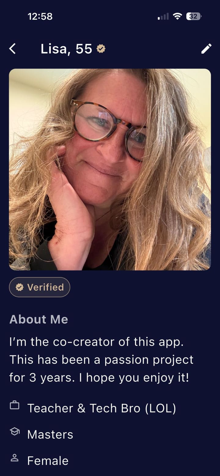 A verified Pre:Fix profile with a photo, short bio, and details like occupation and education.