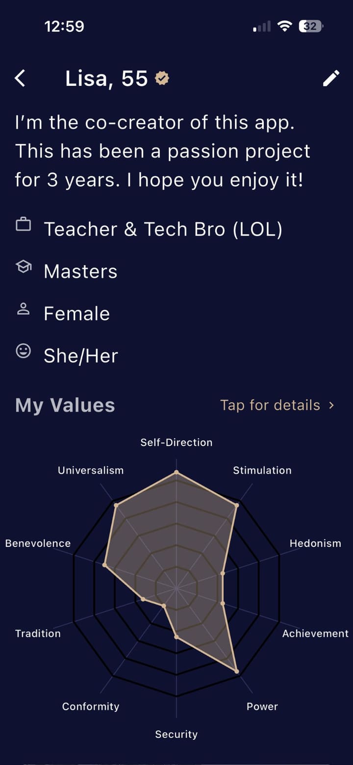 A Pre:Fix profile showing a values chart across dimensions like Self-Direction, Benevolence and Achievement.